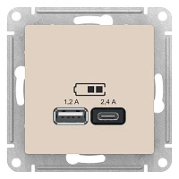 Розетка USB Schneider Electric AtlasDesign A+С, 5В/2,4А, 2х5В/1,2А, мех бежевый